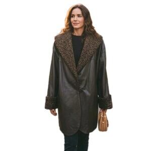 Vintage Brown Persian Lamb Leather Coat Jacket Sz M Curly Fur Collar Fancy City